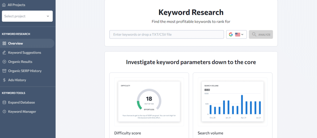 SE Ranking keywords research dashboard