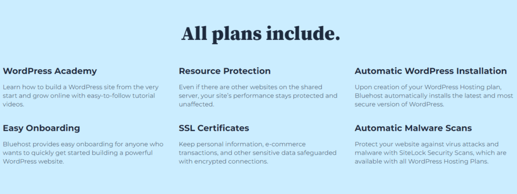 Bluehost Common Features in all the plans